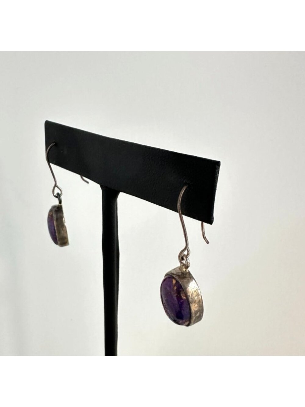 Sterling Silver 925 Purple Copper Turquoise Cabochon Drop Earrings Bohemian - Picture 4 of 7